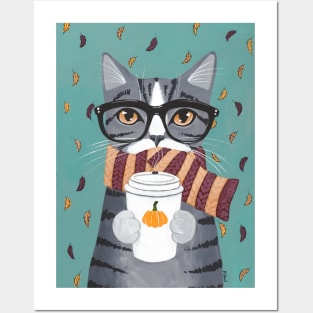 Grey Tabby Autumn Coffee Cat Posters and Art